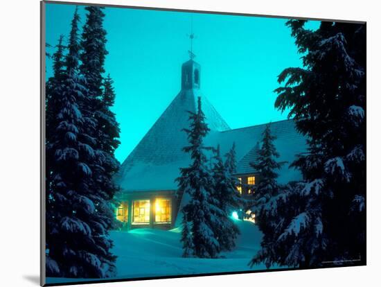 Timberline Lodge at Night in the Snow, Oregon Cascades, USA-Janis Miglavs-Mounted Photographic Print