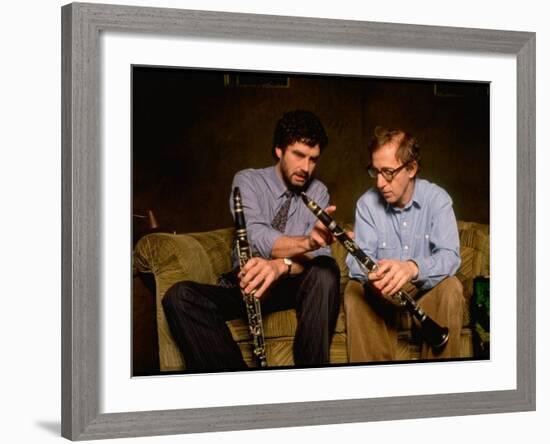 Time Magazine Sr. Editor Thomas Sancton Sitting with Woody Allen, Comparing Instruments-Ted Thai-Framed Premium Photographic Print