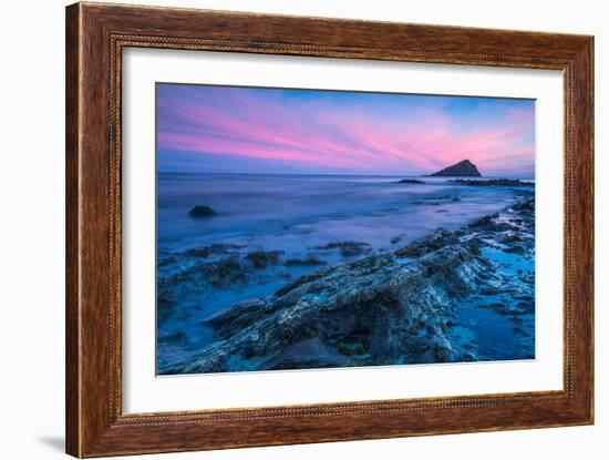 Timelapse Sunset and Blur Water at Atlantic Rocky Beach in Wembury Devon, Uk-Marcin Jucha-Framed Photographic Print