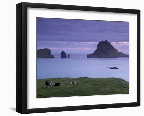 Tindholmur Island Rising to 262 M, and Drangarnir Natural Arch at Sunset, with Sheep, from Vagar-Patrick Dieudonne-Framed Photographic Print