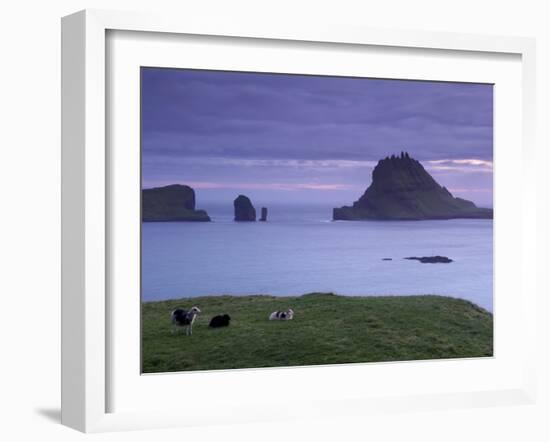 Tindholmur Island Rising to 262 M, and Drangarnir Natural Arch at Sunset, with Sheep, from Vagar-Patrick Dieudonne-Framed Photographic Print