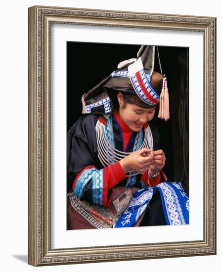 Tip-Top Miao Girl Doing Traditional Embroidery, China-Keren Su-Framed Photographic Print