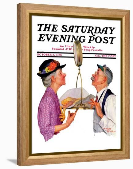 "Tipping the Scales," Saturday Evening Post Cover, October 3,1936-Leslie Thrasher-Framed Premier Image Canvas