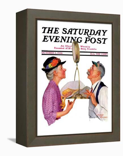 "Tipping the Scales," Saturday Evening Post Cover, October 3,1936-Leslie Thrasher-Framed Premier Image Canvas