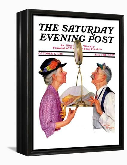 "Tipping the Scales," Saturday Evening Post Cover, October 3,1936-Leslie Thrasher-Framed Premier Image Canvas