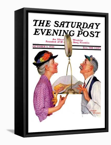 "Tipping the Scales," Saturday Evening Post Cover, October 3,1936-Leslie Thrasher-Framed Premier Image Canvas