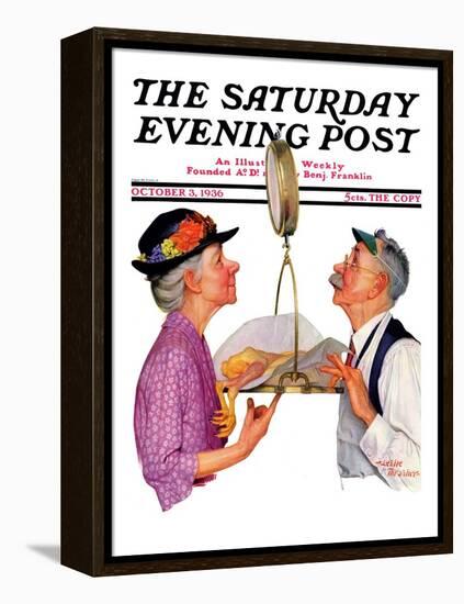 "Tipping the Scales," Saturday Evening Post Cover, October 3,1936-Leslie Thrasher-Framed Premier Image Canvas