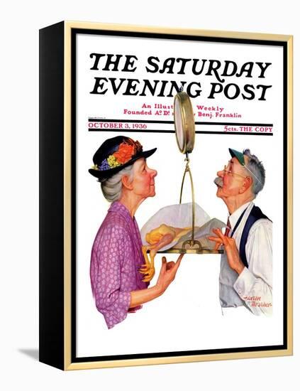 "Tipping the Scales," Saturday Evening Post Cover, October 3,1936-Leslie Thrasher-Framed Premier Image Canvas