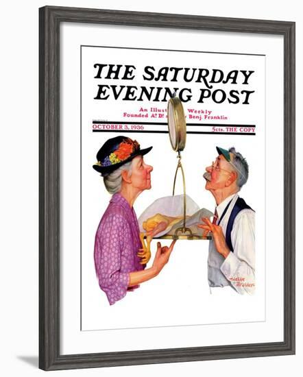 "Tipping the Scales," Saturday Evening Post Cover, October 3,1936-Leslie Thrasher-Framed Giclee Print