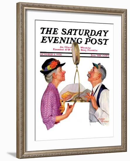 "Tipping the Scales," Saturday Evening Post Cover, October 3,1936-Leslie Thrasher-Framed Giclee Print