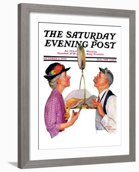 "Tipping the Scales," Saturday Evening Post Cover, October 3,1936-Leslie Thrasher-Framed Giclee Print