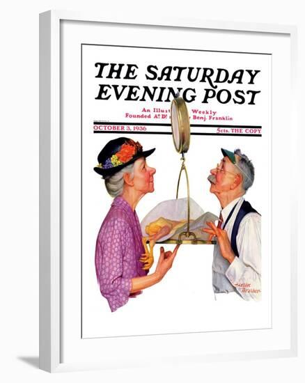 "Tipping the Scales," Saturday Evening Post Cover, October 3,1936-Leslie Thrasher-Framed Giclee Print