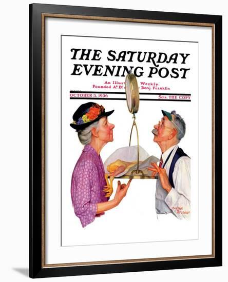 "Tipping the Scales," Saturday Evening Post Cover, October 3,1936-Leslie Thrasher-Framed Giclee Print