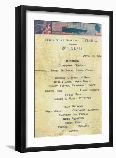 Titanic - 2nd Class Dinner Menu, 1912-null-Framed Giclee Print