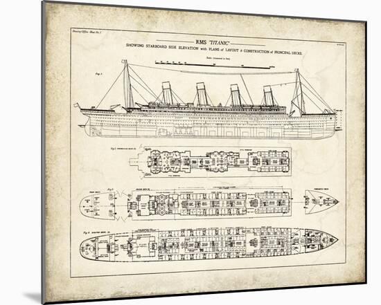 Titanic Blueprint Vintage I-The Vintage Collection-Mounted Giclee Print