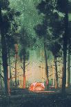 Camping in Forest at Night with Stars and Fireflies,Illustration,Digital Painting-Tithi Luadthong-Art Print