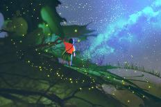 Camping in Forest at Night with Stars and Fireflies,Illustration,Digital Painting-Tithi Luadthong-Art Print