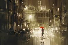 Woman with Red Umbrella Crossing the Street,Rainy Night,Illustration-Tithi Luadthong-Art Print