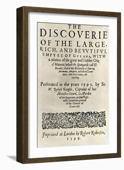 Title Page of Walter Raleigh's Book "The Discoverie of ...Guiana," London, 1596-null-Framed Giclee Print