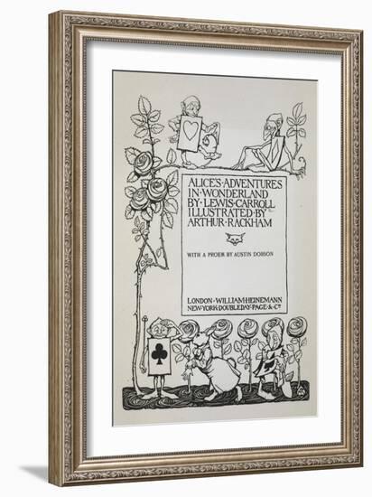 Title Page With a Rose Bush, the White Rabbit and Men Dressed As Cards-Arthur Rackham-Framed Giclee Print