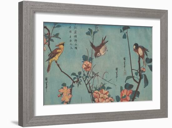 Titmouse and Camellias, Sparrow and Wild Roses and Black-naped Oriole and Cherry Blossoms, c.1833-Ando or Utagawa Hiroshige-Framed Giclee Print