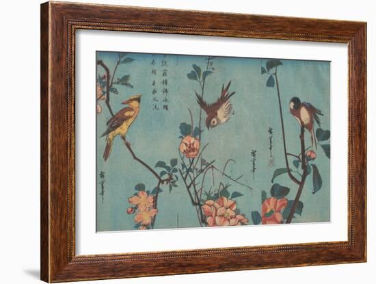 Titmouse and Camellias, Sparrow and Wild Roses and Black-naped Oriole and Cherry Blossoms, c.1833-Ando or Utagawa Hiroshige-Framed Giclee Print