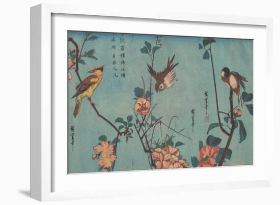 Titmouse and Camellias, Sparrow and Wild Roses and Black-naped Oriole and Cherry Blossoms, c.1833-Ando or Utagawa Hiroshige-Framed Giclee Print