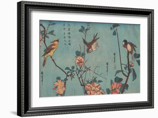 Titmouse and Camellias, Sparrow and Wild Roses and Black-naped Oriole and Cherry Blossoms, c.1833-Ando or Utagawa Hiroshige-Framed Giclee Print