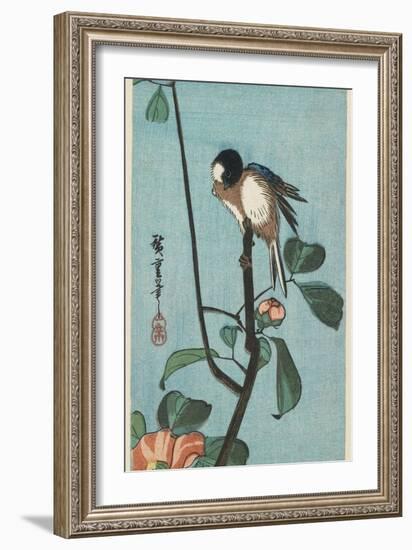 Titmouse on Camelia, 1830-1858-Utagawa Hiroshige-Framed Giclee Print