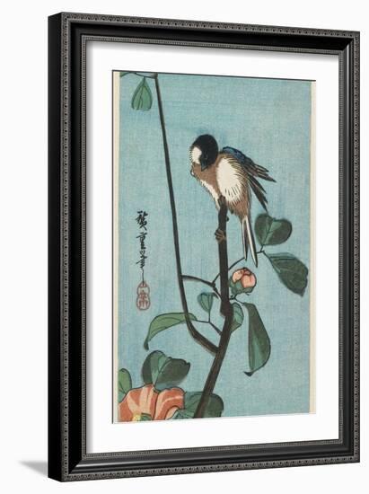 Titmouse on Camelia, 1830-1858-Utagawa Hiroshige-Framed Giclee Print