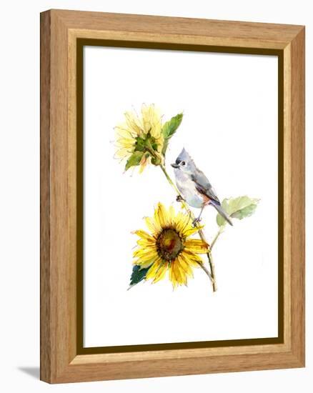 Titmouse with Sunflower, 2016-John Keeling-Framed Premier Image Canvas