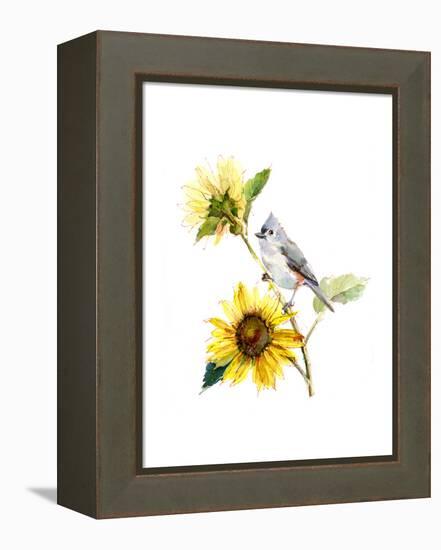 Titmouse with Sunflower, 2016-John Keeling-Framed Premier Image Canvas