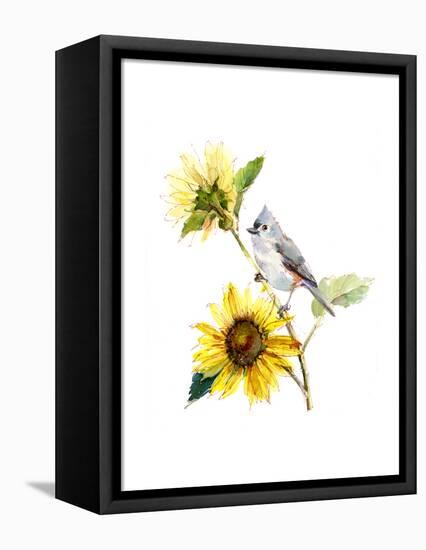 Titmouse with Sunflower, 2016-John Keeling-Framed Premier Image Canvas