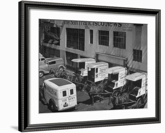 To Conserve Tires, the San Francisco News Is Beginning to Use 4 Horses and Wagons for Deliveries-null-Framed Photographic Print