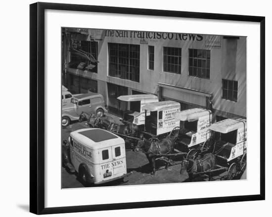 To Conserve Tires, the San Francisco News Is Beginning to Use 4 Horses and Wagons for Deliveries-null-Framed Photographic Print