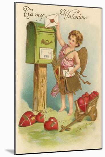 To My Valentine, Cupid Mailing Letter-null-Mounted Art Print