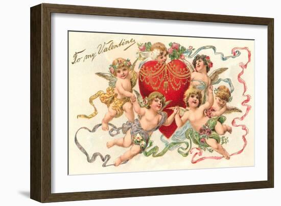 To My Valentine, Cupids around Heart-null-Framed Art Print