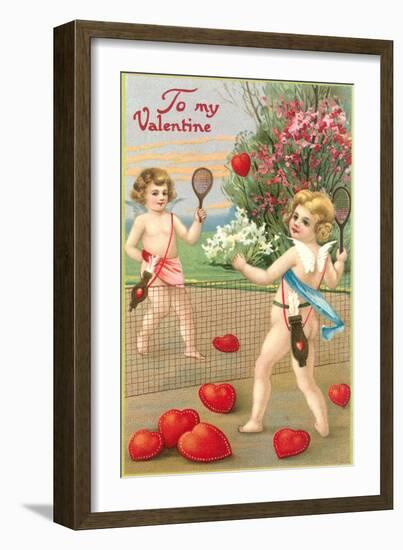 To My Valentine, Cupids Playing Tennis-null-Framed Art Print