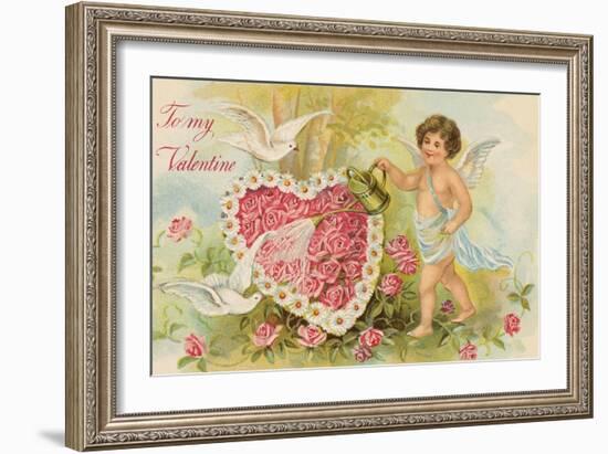 To My Valentine Postcard with Cherub Watering Flowers-null-Framed Giclee Print