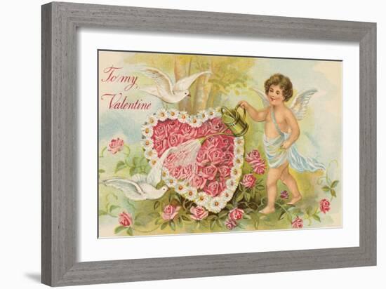 To My Valentine Postcard with Cherub Watering Flowers-null-Framed Giclee Print