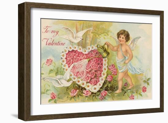 To My Valentine Postcard with Cherub Watering Flowers-null-Framed Giclee Print