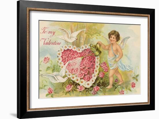 To My Valentine Postcard with Cherub Watering Flowers-null-Framed Giclee Print