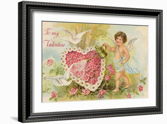 To My Valentine Postcard with Cherub Watering Flowers-null-Framed Giclee Print