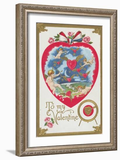 To My Valentine Postcard with Cupids and Hearts-null-Framed Giclee Print