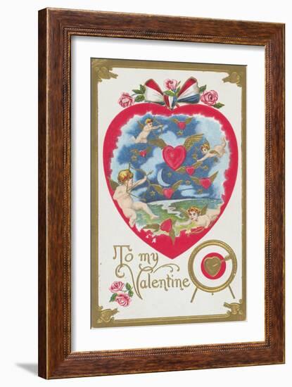 To My Valentine Postcard with Cupids and Hearts-null-Framed Giclee Print