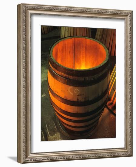 Toasting a New Oak Wine Barrel at the Demptos Cooperage, Napa Valley, California, USA-John Alves-Framed Photographic Print