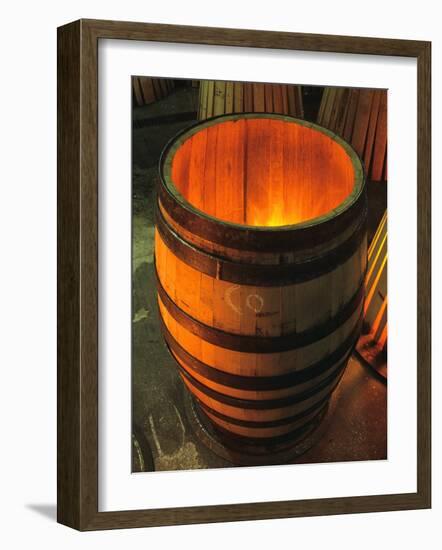 Toasting a New Oak Wine Barrel at the Demptos Cooperage, Napa Valley, California, USA-John Alves-Framed Photographic Print