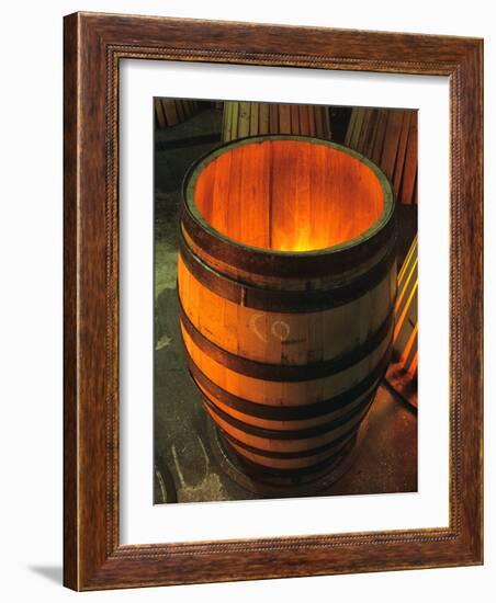 Toasting a New Oak Wine Barrel at the Demptos Cooperage, Napa Valley, California, USA-John Alves-Framed Photographic Print