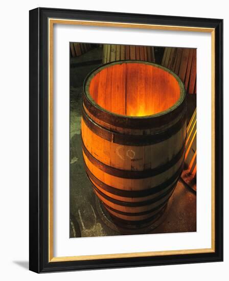 Toasting a New Oak Wine Barrel at the Demptos Cooperage, Napa Valley, California, USA-John Alves-Framed Photographic Print