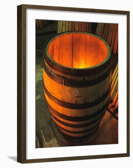 Toasting a New Oak Wine Barrel at the Demptos Cooperage, Napa Valley, California, USA-John Alves-Framed Photographic Print